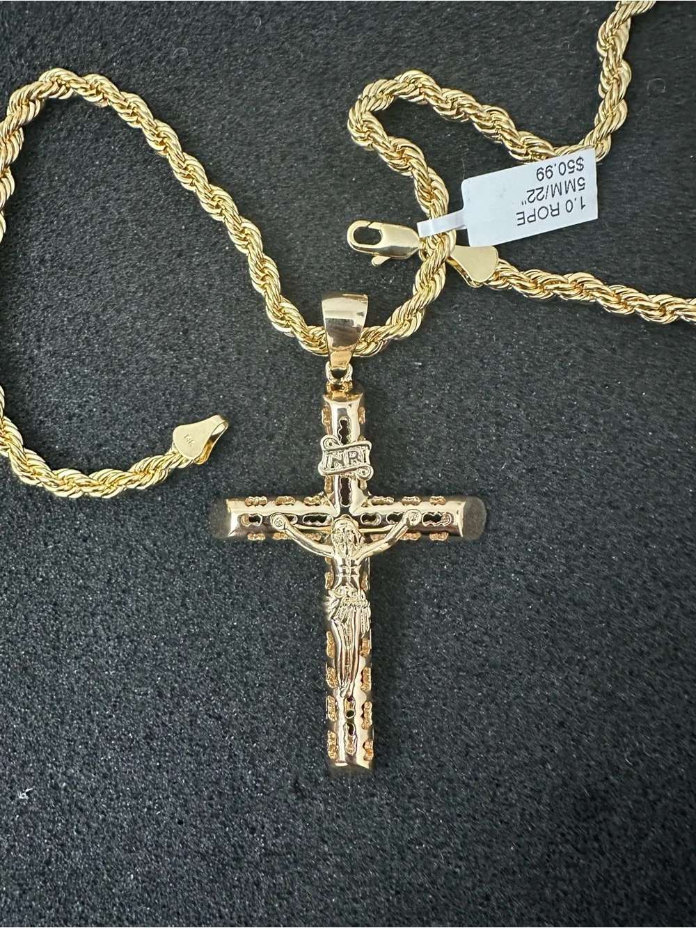 New Gold plated cross Jesus Crucifix Pendant charm with new Rope Chain